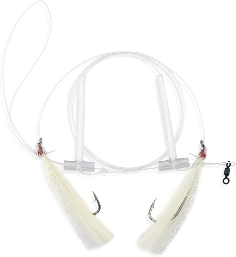 Aquaclear , Hi-Lo Pearl Accent Hair Teaser Rig, Flounder/Fluke/Seatrout/Croaker, 3/0 XL Hook, AFW Swivel, 40 lb / 18.1 kg GS Mono, T-Standoff, White Hair, Pearl Accent - Image 2